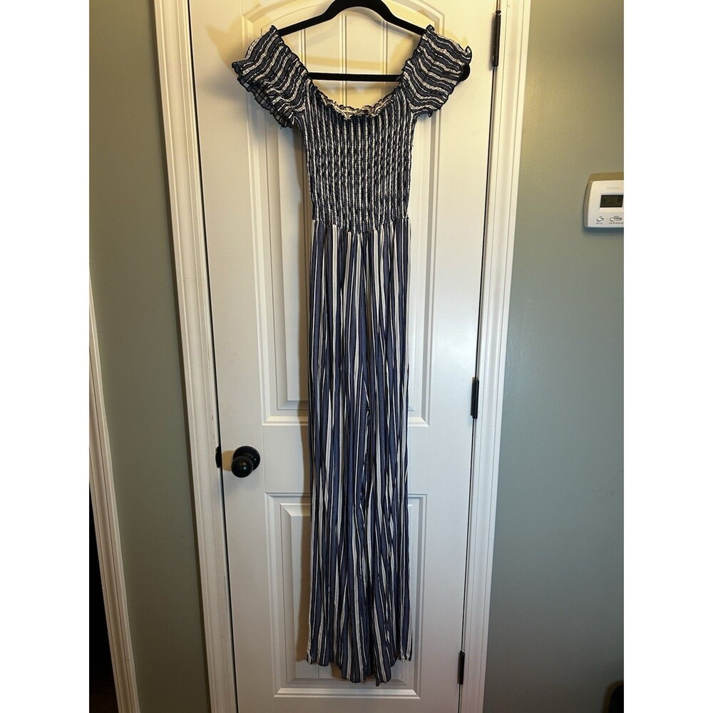 For Justify XL Blue White Stripe Smocked Wide Leg Off Shoulder Jumpsuit Romper - Picture 4 of 13